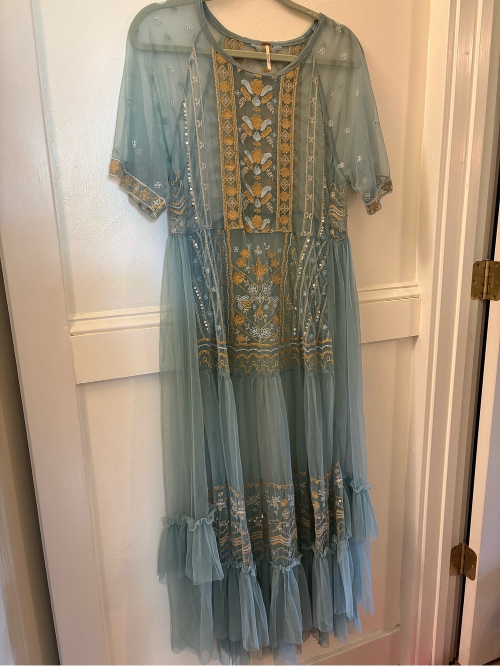 Free People Dusty Blue Tulle Embroidered Maxi Dress with Gold Accents